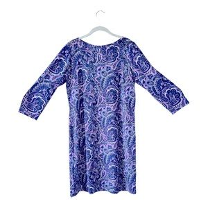 Talbots Jersey Shift Dress Large Blue Purple Paisley Nwot Buttons 3/4 Sleeve